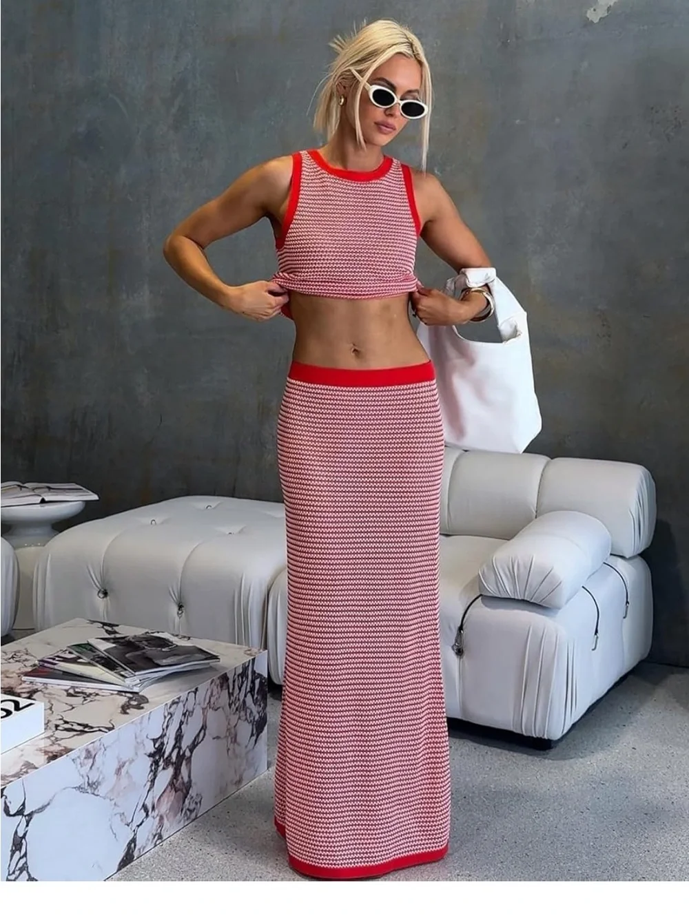 Amazon Red and White Striped Knit Maxi Two-Piece